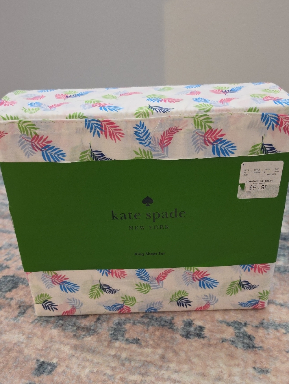 Kate Spade King 100% Cotton White Sheet Set with Blue, Pink & Green Leaf Print